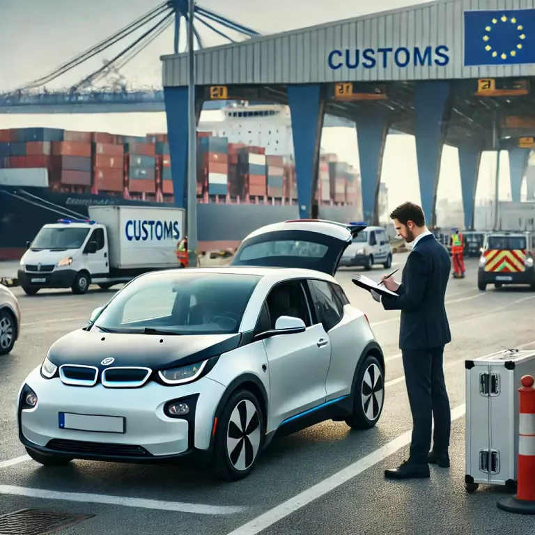 An Electric Vehicle Undergoing A Customs Inspection At A European Port