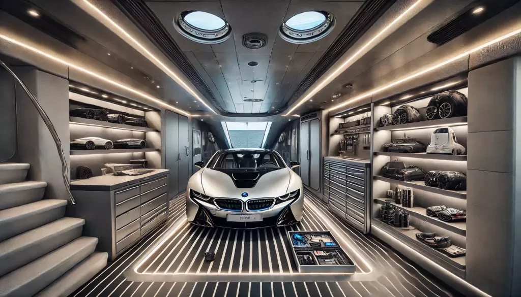An Interior View Of A Custom Designed Luxury Garage Within A Superyacht Showcasing A High End Car Parked Neatly