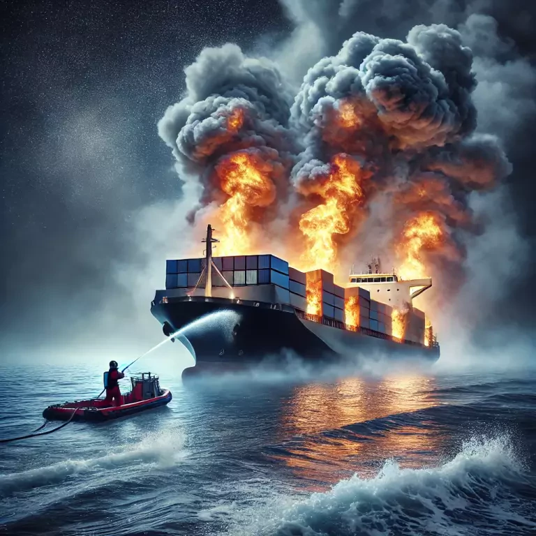 An Scene With A Cargo Ship Engulfed In Flames