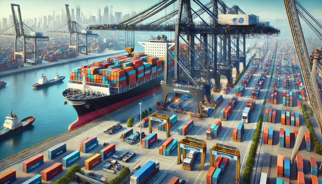 An Ultra Modern Container Port In East Asia Showcasing A Mega Container Ship Being Loaded