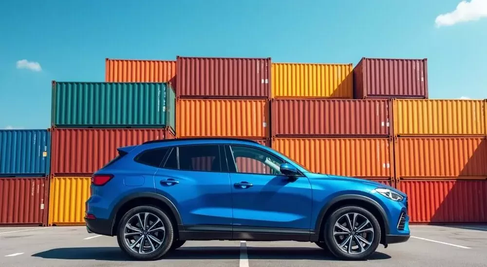 a blue vehicle parked in front of a large vessel container