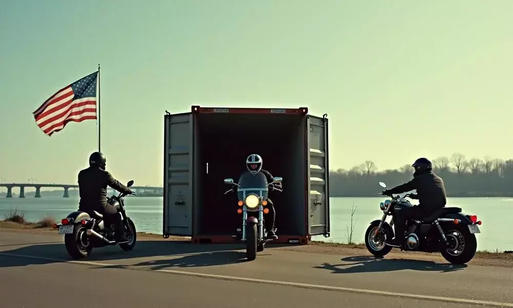three motorcyclists are engaged in loading a container