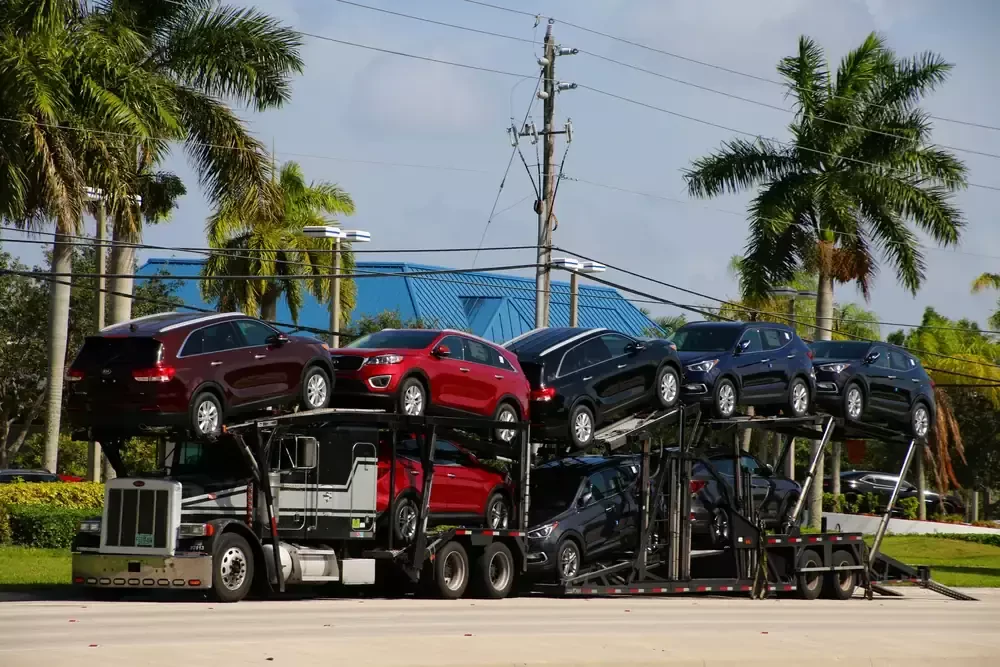 group of vehicles loaded on a trailer