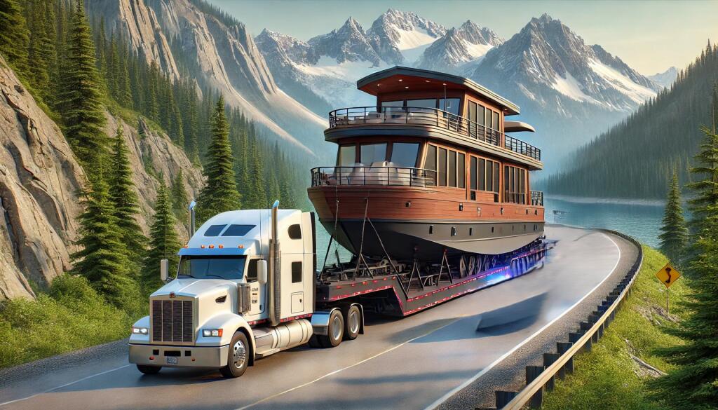 Cross Country Journey Featuring A Large Houseboat Loaded Onto A Semi Truck Trailer