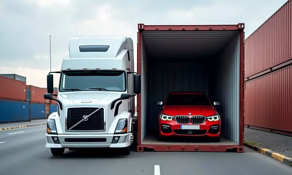 a red vehicle is positioned for loading into a container