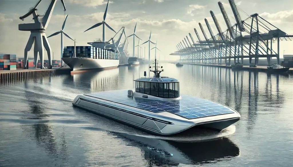 Eco Friendly Electric Tugboat With Sleek Lines And Solar Panels Covering Its Deck