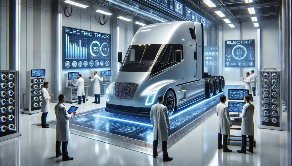 Electric Semi Truck In Futuristic Testing Facility Surrounded By Engineers And High Tech Equipment