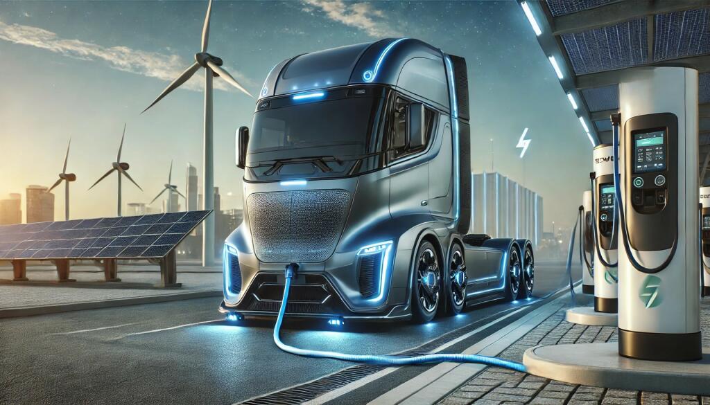 Electric Semi Truck Parked At A High Tech Charging Station