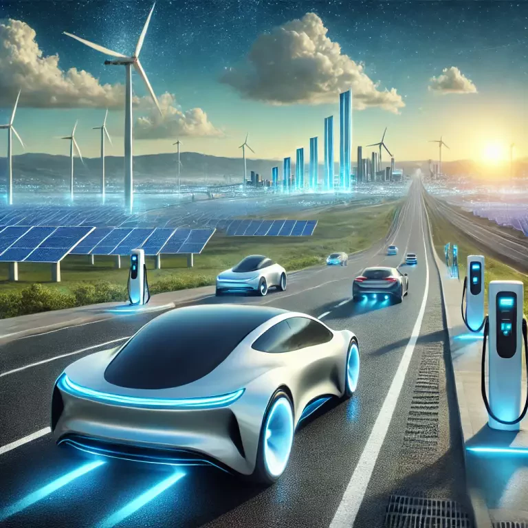 Electric Vehicles Speeding Along Under A Bright Blue Sky