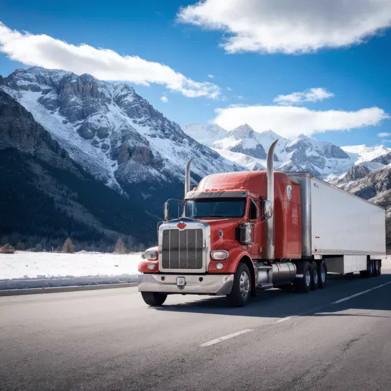 an enclosed truck on a snowy landscape and mountains on background