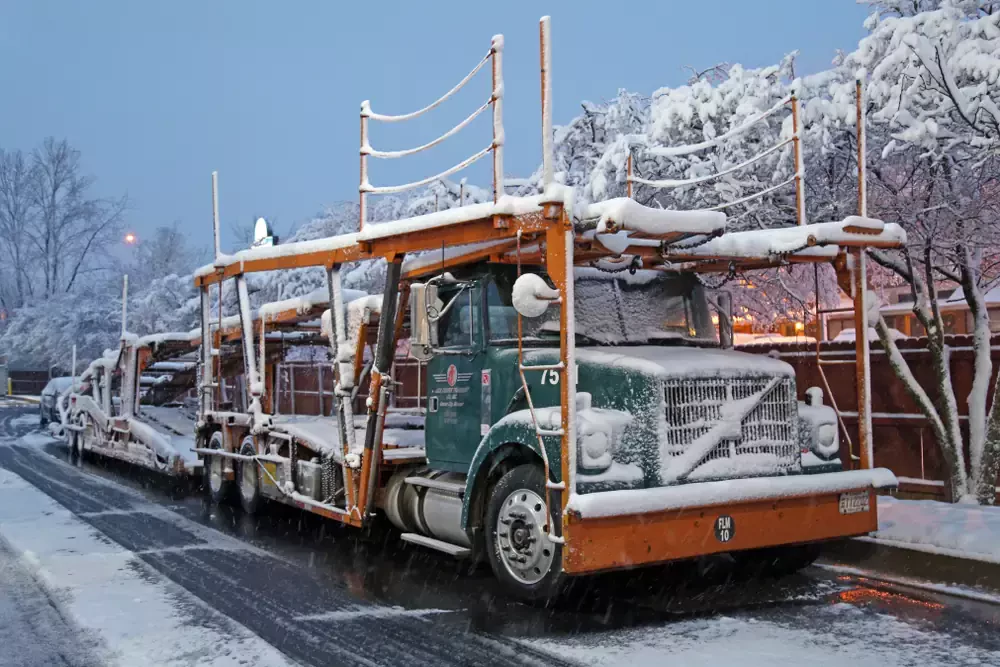 transporter truck under snow
