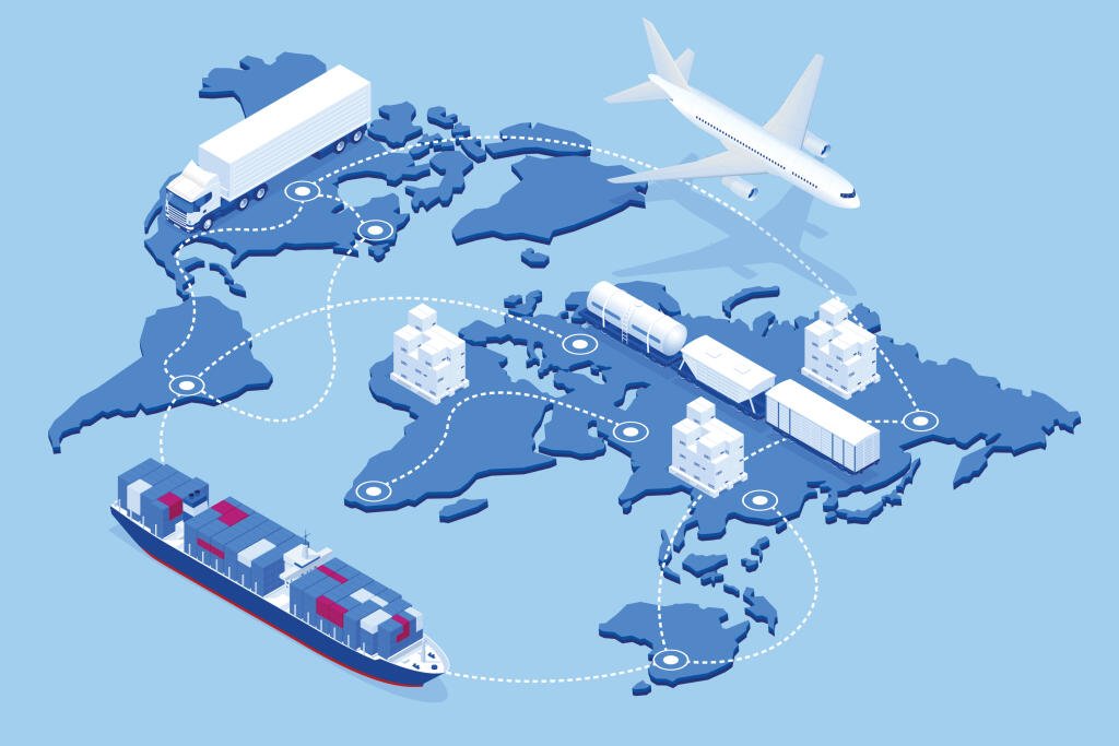 world map featuring cargo ships and airplanes