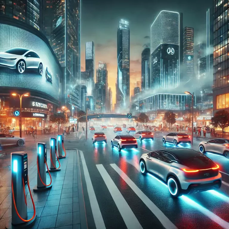 Glowing Electric Vehicles Driving Along Sleek Roads High Tech Charging Stations Glow Softly