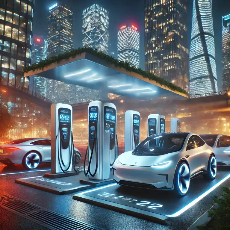 Highly Detailed Ev Charging Station At Night In A Bustling Urban Setting