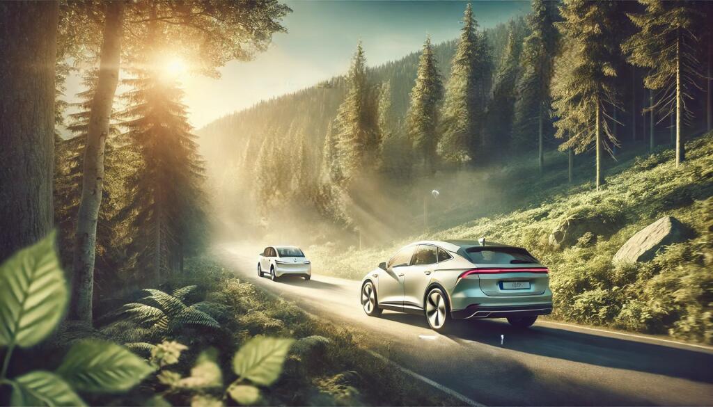 Hybrid Car Driving On A Forested Mountain Road