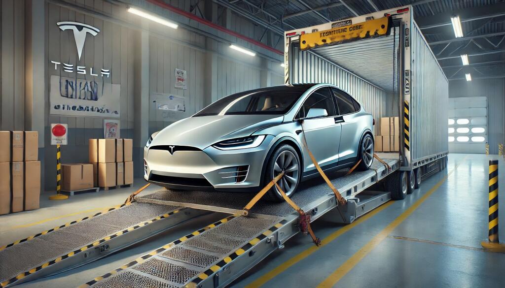 Image Of A Tesla Model X Being Loaded Onto An Enclosed Vehicle Carrier In A Modern Shipping Facility