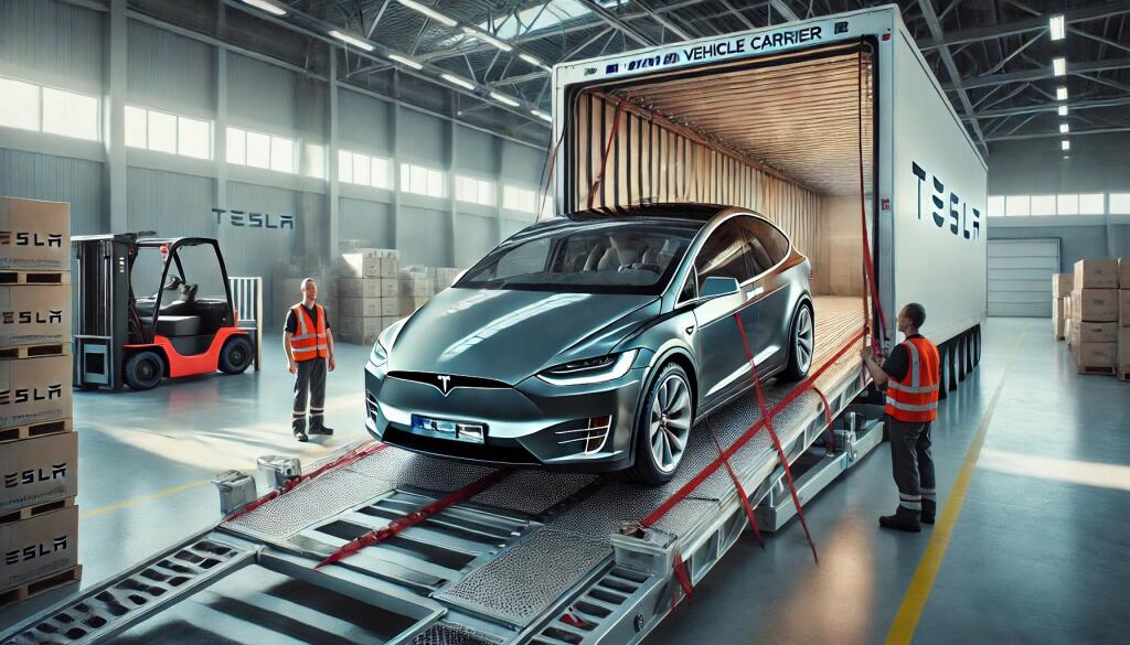 Loaded Onto An Enclosed Vehicle Carrier In A Modern Shipping Facility