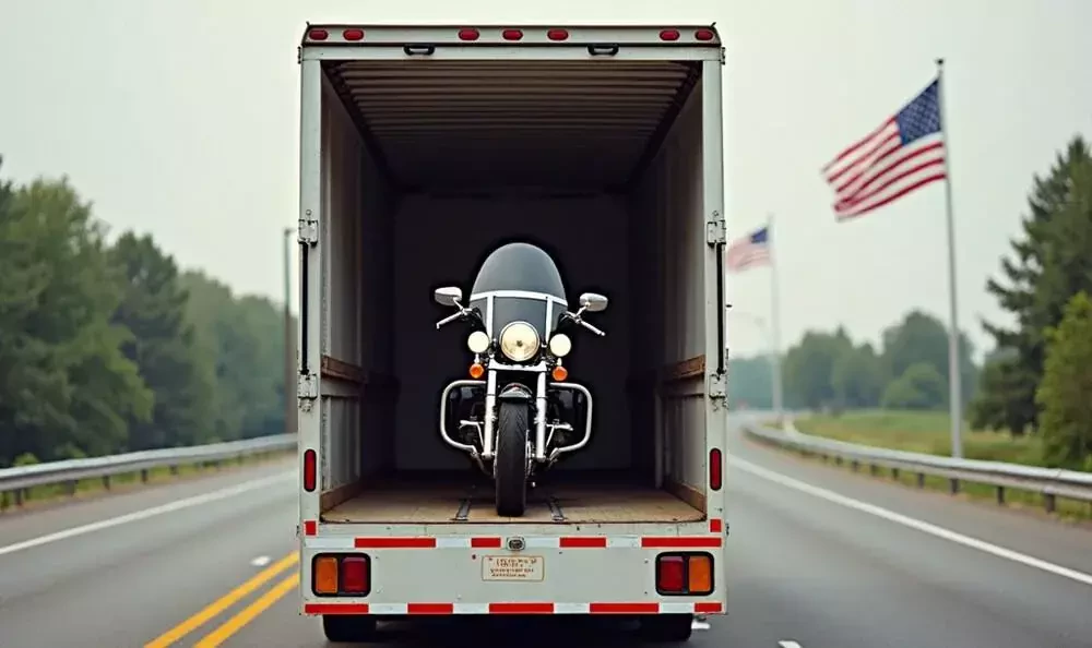 a motorbike rests in the truck's bed