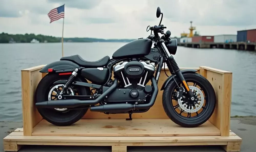 a motorbike positioned on a wooden box