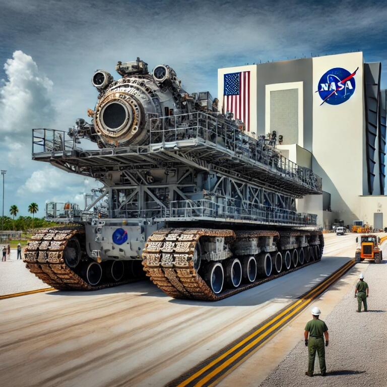 Nasa Crawler Transporter Hauling A Spacecraft Platform Rolling Across The Crawlerway At Kennedy Space Center