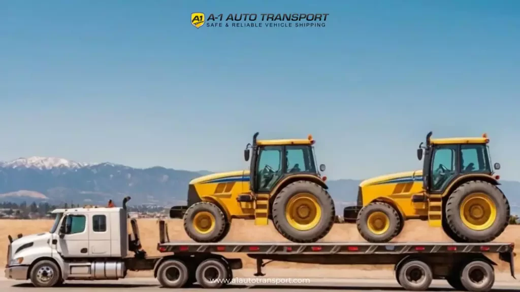 semi-truck hauling two large yellow tractors
