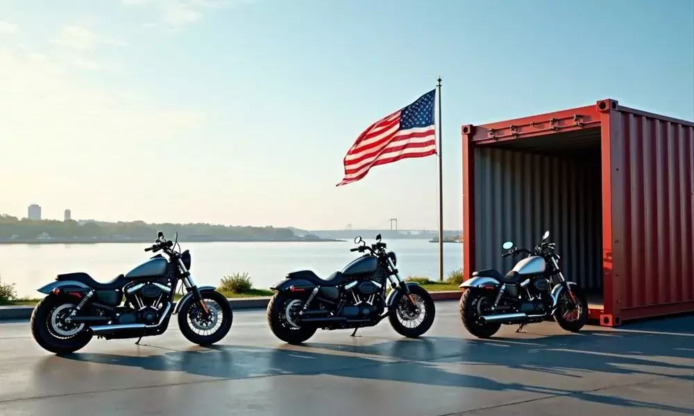 three motorbikes parked beside a container