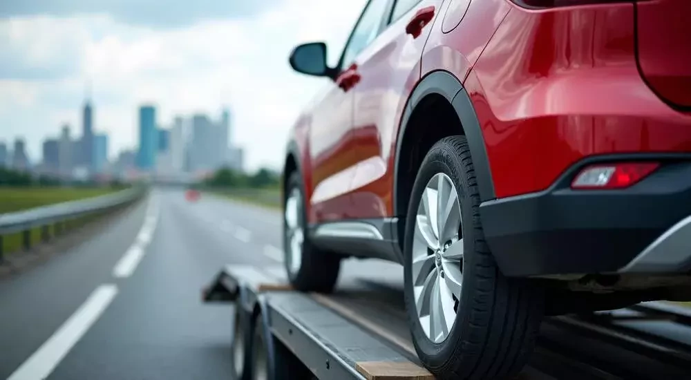 a red vehicle rests on a flatbed truck