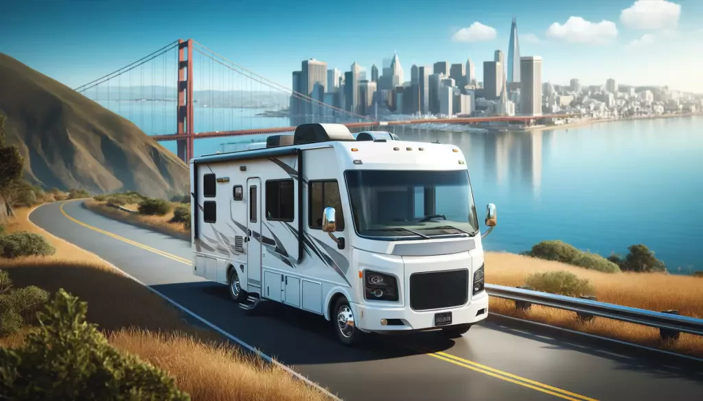 a motorhome moves along a scenic road