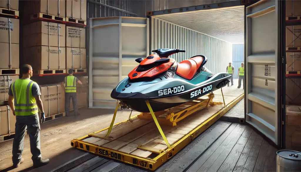 Sea Doo Being Carefully Loaded Into A Large Shipping Container