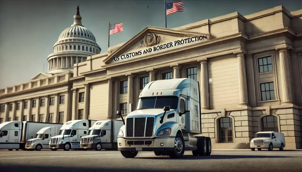 Semi Truck Parked In Front Of Government Buildings