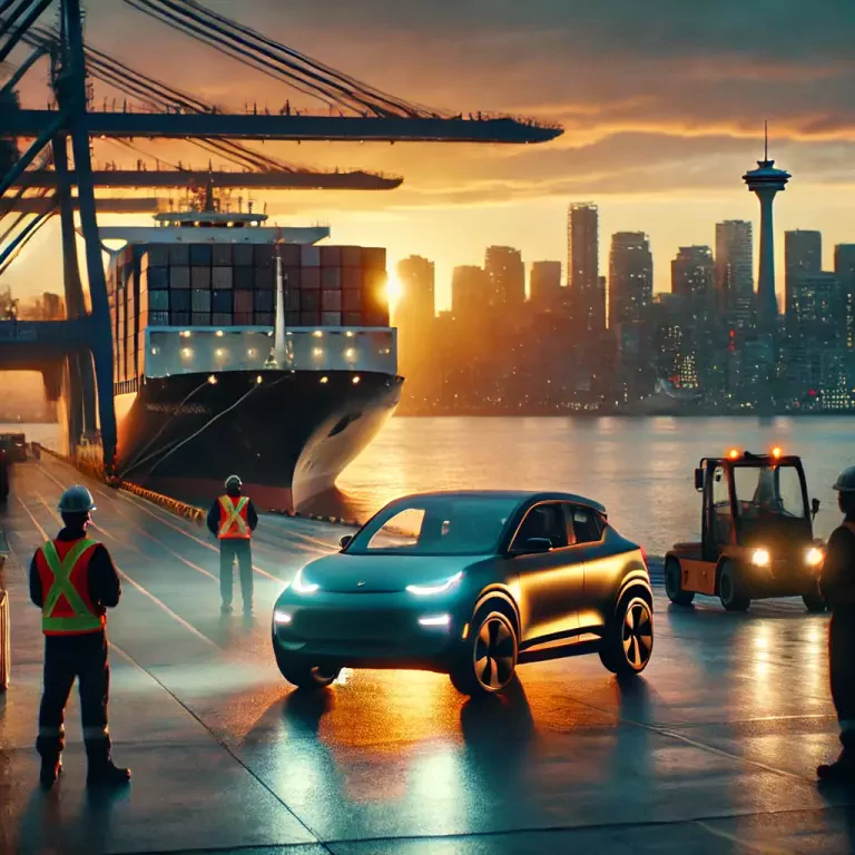 Shiny Electric Vehicle Rolling Off A Large Ship