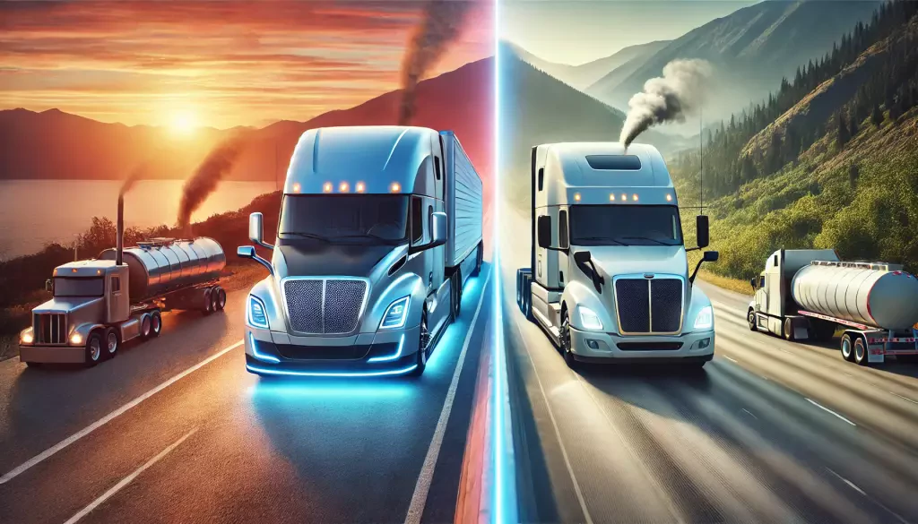 Split Image With An Electric Semi Truck On One Side And A Traditional Diesel Truck On The Other Both Traveling On A Highway
