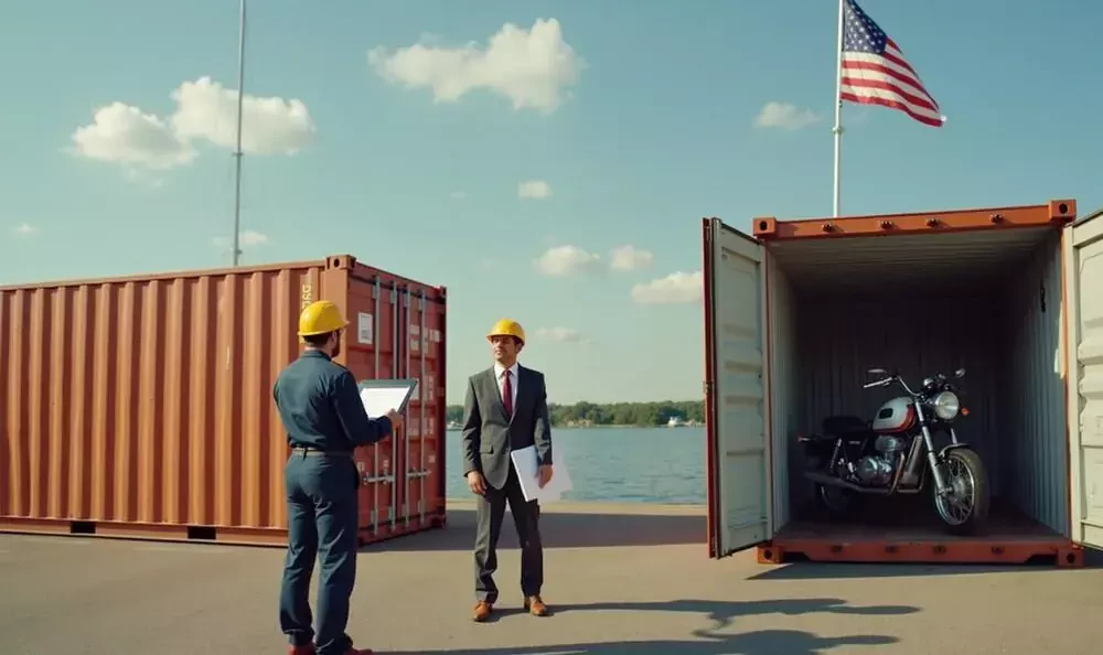 two men in hard hats stand beside a motorbike
