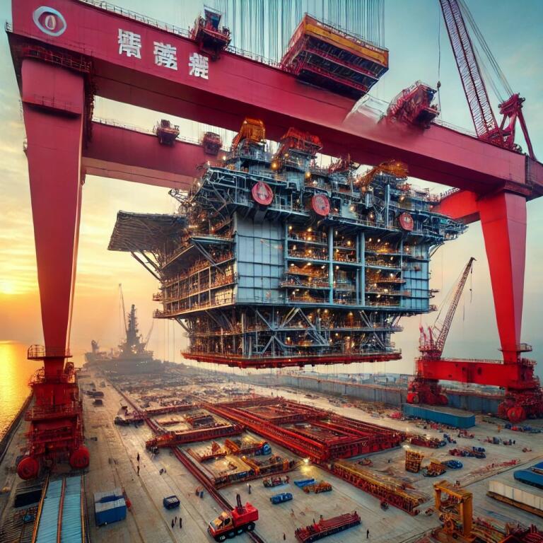 Taisun Gantry Crane At The Yantai Raffles Shipyard Lifting An Enormous Offshore Oil Rig Component