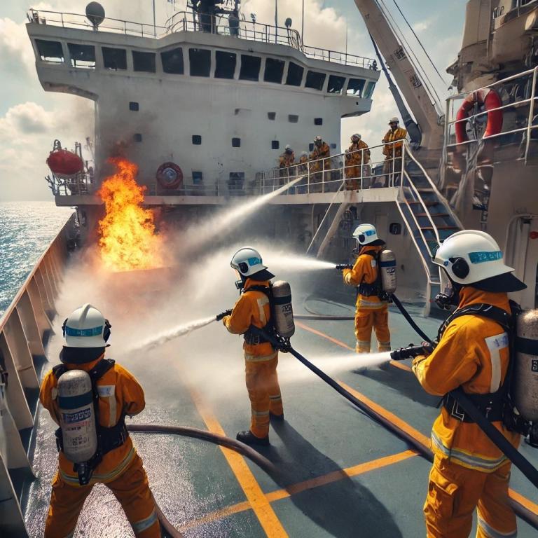 The Crew Of The Cerulean Ace Performing An Emergency Firefighting Drill On The Deck Of The Ship