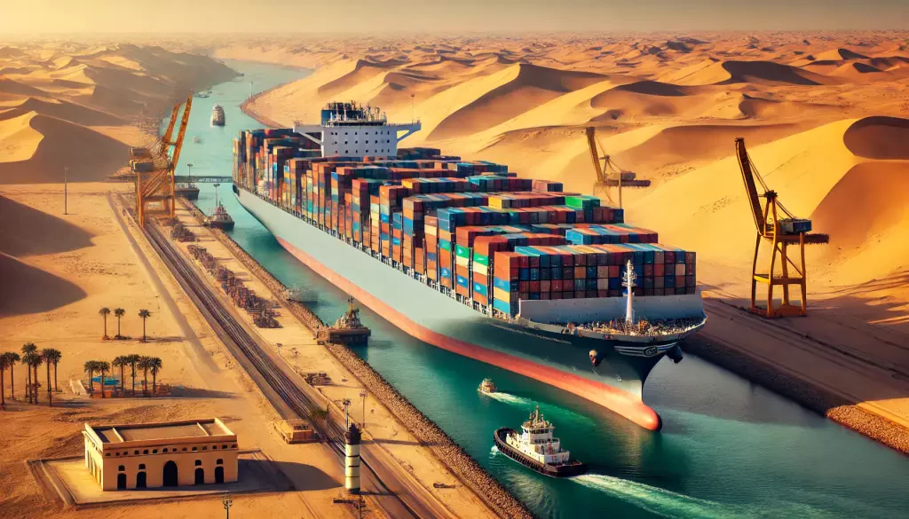 The Largest Container Ship With A Capacity Surpassing 24000 Teu Sailing Through The Suez Canal