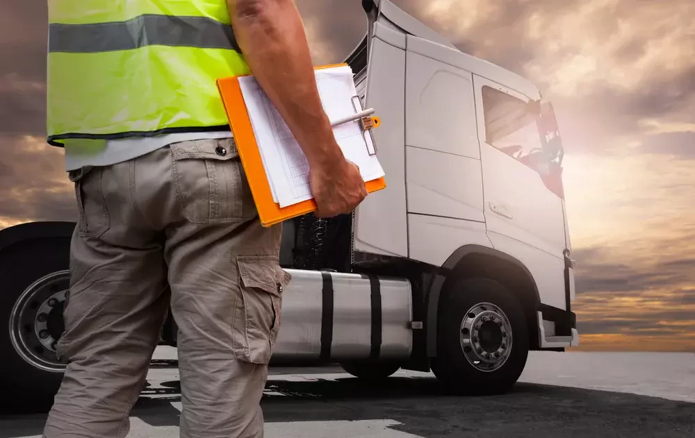 a man wearing a safety vest stands holding a clipboard