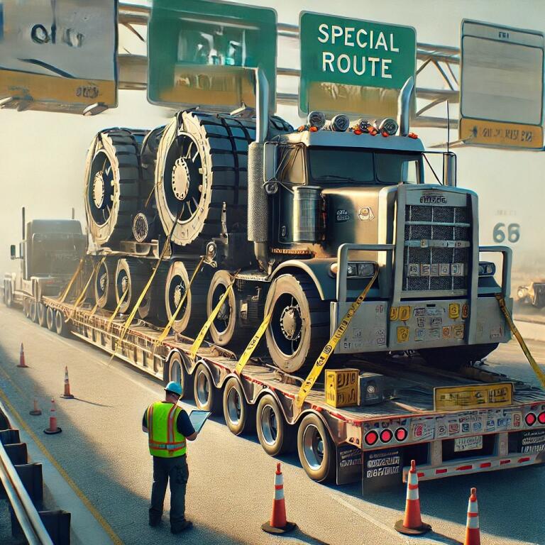 Truck Hauling Oversized Machinery On A Flatbed Trailer