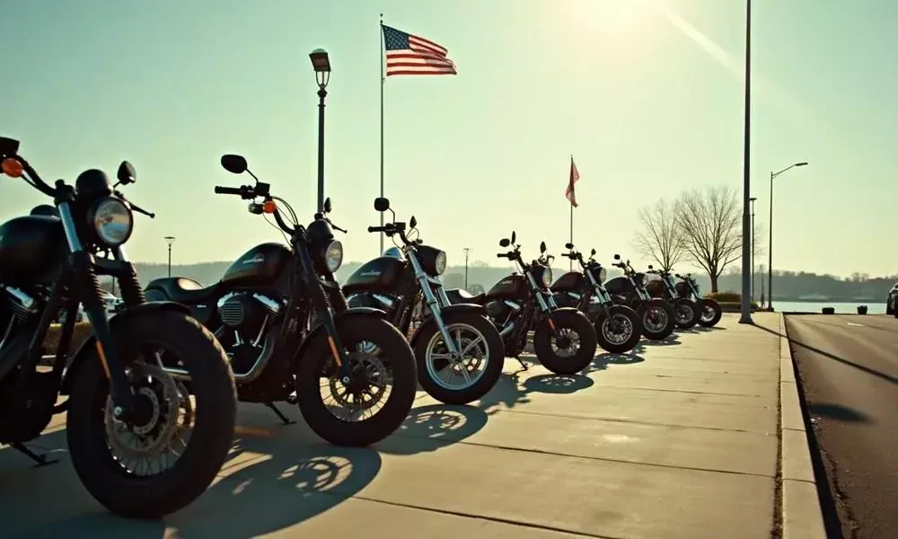a row of motorbikes neatly parked along a city street
