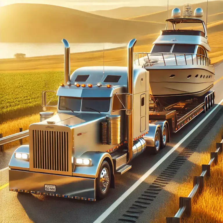 Usa Style Transport Truck Carrying A Large Yacht On A Trailer Driving Along A Scenic Highway During Golden Hour